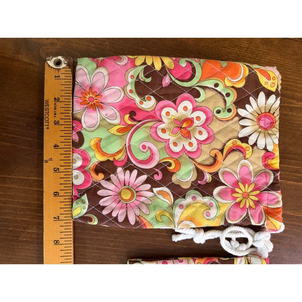 Quilted Floral Paisley Drawstring Pouch Set Retro Pink Orange Green 2pc Bag